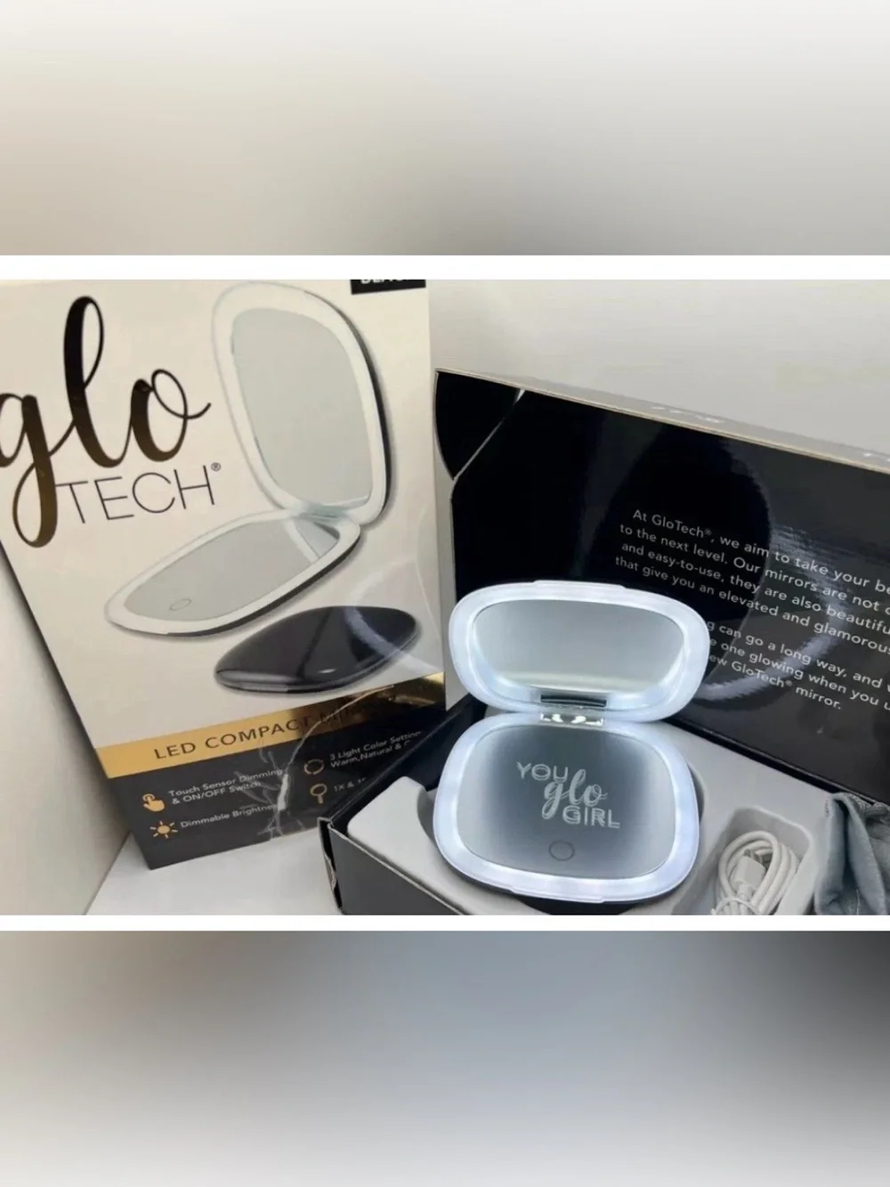 GloTech LED Compact Makeup Mirror 1x & 10x Magnification - Choose Black or White